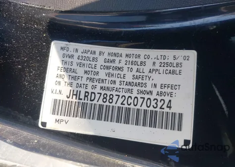 2002 Honda Cr-V Ex из США, поврежденный, VIN JHLRD78872C070324